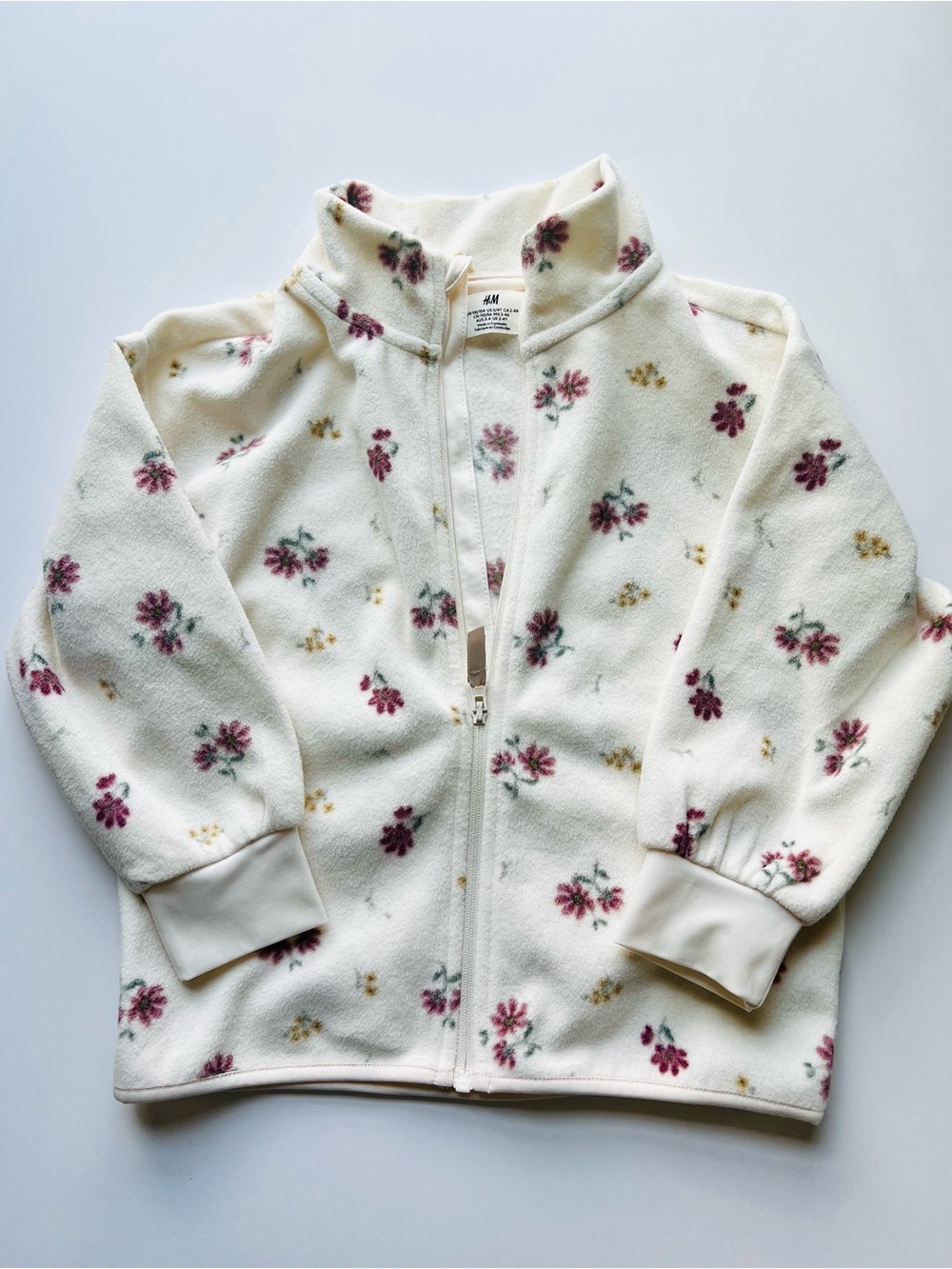 H&M Girls Cream Floral Fleece Jacket Soft Warm Zip Up Cozy Size 3/4T